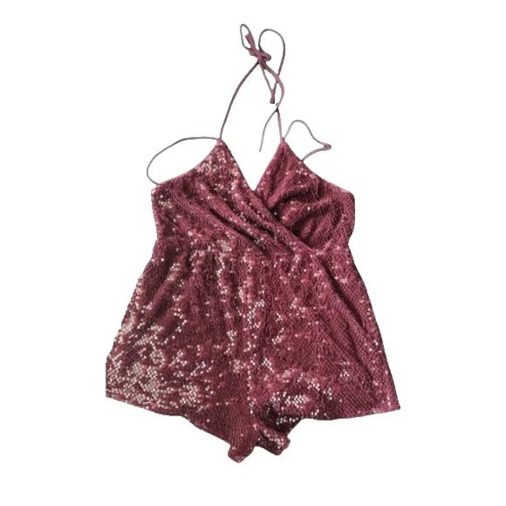 NWT Forever 21 Sleeveless Halter V-Neck Sequin Romper Womens 2X Burgundy NYE